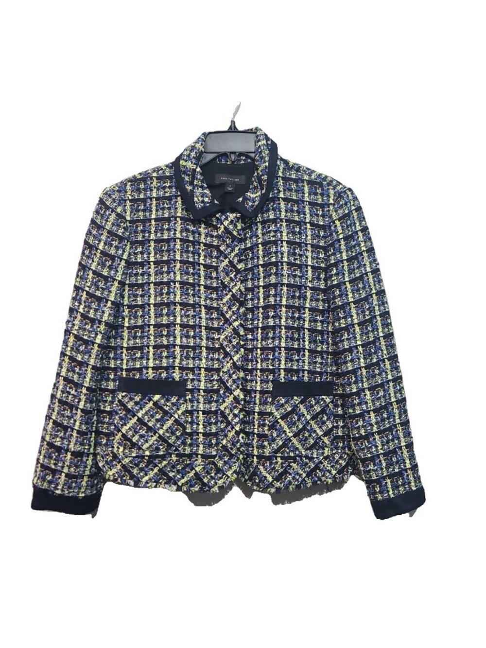 Ann Taylor Navy & Yellow Plaid Tweed Jacket Blazer Size 12